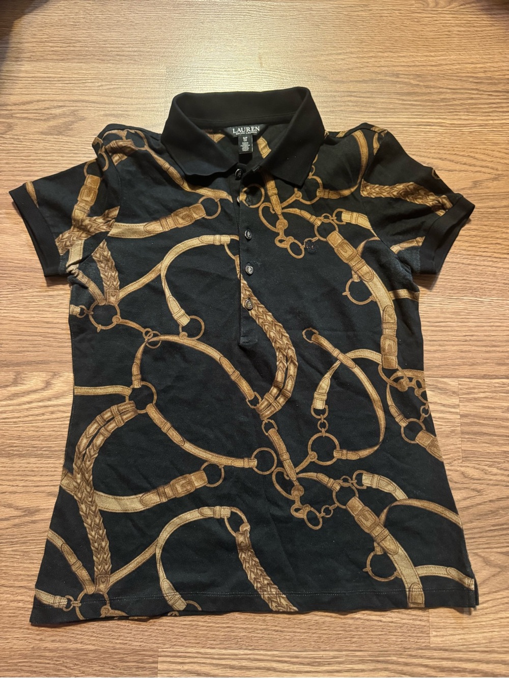 Lauren Ralph Lauren Black & Gold Chain-Print Polo Top